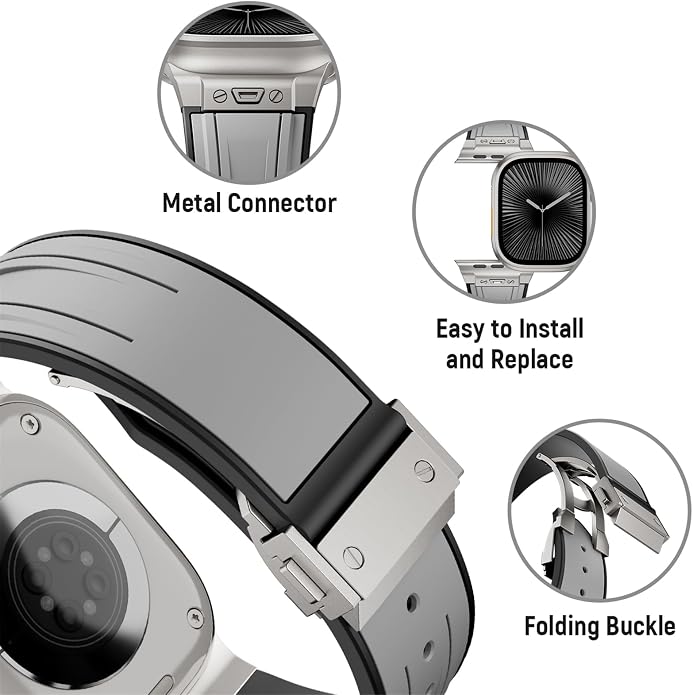 Luxury Watch Band for Apple Watch Ultra 2/Ultra 49-42mm | Metal Connector & Folding Clasp,316L Stainless Steel,Men Silicone Strap Compatible with iWatch Series 10 9 8 7 6 5 4 3 2 1 SE