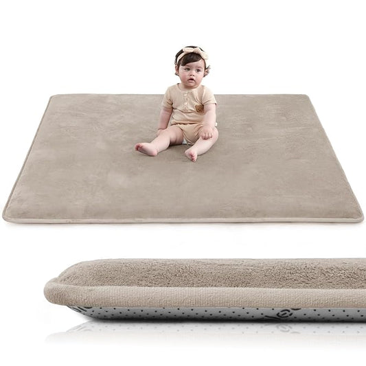 Huloo Sleep Baby Play Mat for Floor,1.3" Thick Elasti-Foam 47"×47" Playpen Mat for Tummy Time,Water Repellent Soft Coral Velvet for Toddler,Infant,Kids,Non-Slip Backing Safe for Crawling（Beige）