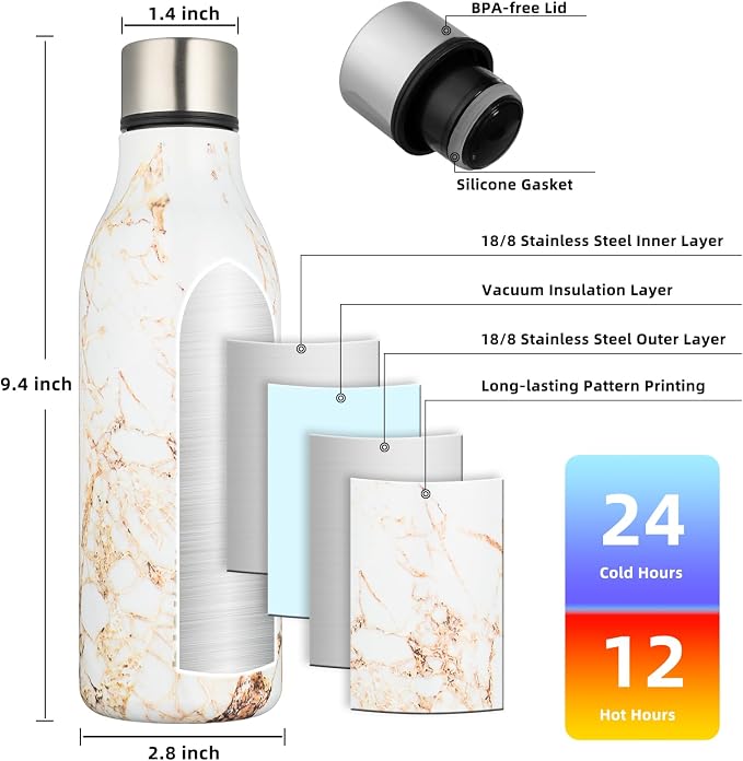 BJPKPK 18oz Insulated Water Bottle, Stainless Steel Bottle with Carry Strap | Keep Cold & Hot Vacuum Insulation, Leak-Proof BPA-Free Design, Slim Bottle Fits Most Cup Holders for Gym, Office & Travel