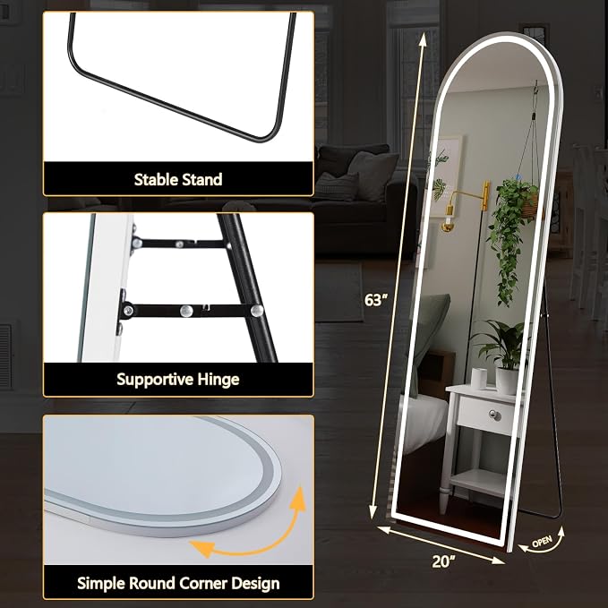 Sweetcrispy 63"x20" LED Mirror Full Length with Stand, Lighted Floor Mirror, w/Dimming & 3 Color Lighting, White