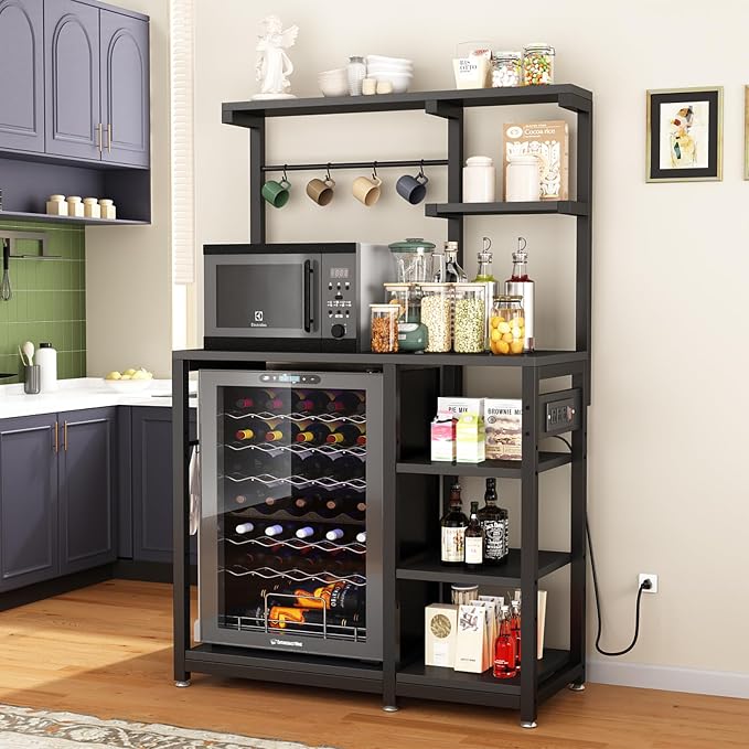 Bakers Rack with Power Outlet, 8-Tier Microwave Cart, Coffee Bar w/ 6 Hooks | 8-Tier Bakers Rack with Power Outlet, Coffee Bar Station & Microwave Cart, Metal Kitchen Storage Shelf with Wheels