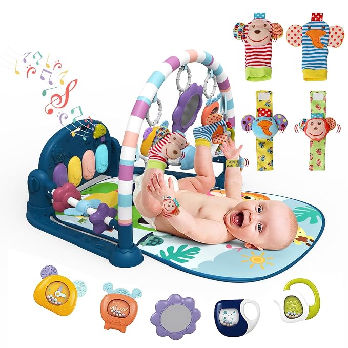 dearlomum Blue Tiger Baby Play Mat Gym with Piano & 4 Wrist Rattle Socks | Tummy Time Activity Mat with 5 Infant Sensory Toys, Music and Lights, Boy & Girl Gifts for Newborns 0 to 3 6 9 12 Months