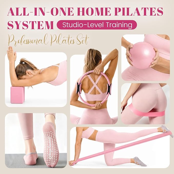 Pilates Kit for Women, At Home Equipment Set with Pilates Ring, 2 Yoga Blocks, Mini Exercise Ball, Resistance Bands, Sliding Discs, Stretch Strap for Full Body Workout