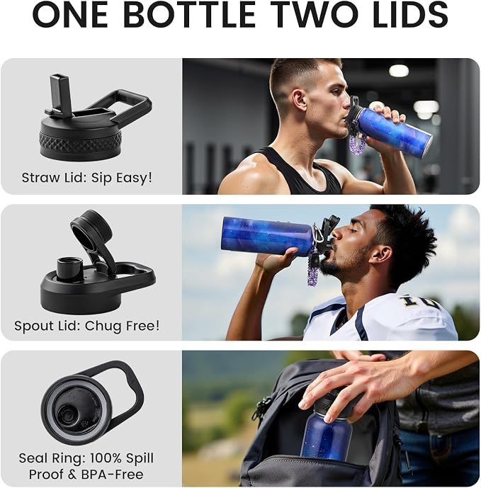 RAYMYLO Insulated Water Bottle 40 oz, Triple Wall Vacuum Stainless Steel | (Cold for 36Hrs, Hot for 18Hrs), Leak Proof & Non-BPA, Modern Water Flask Jug with Paracord Handle & Straw Spout Lids