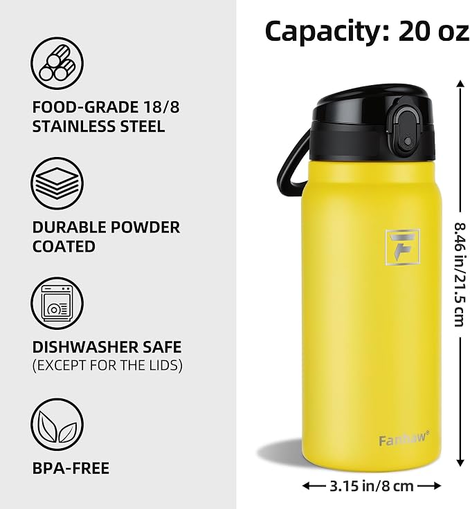 Fanhaw 20 Oz Insulated Stainless Steel Water Bottle with Chug Lid – Wide Mouth, Leak-Proof, BPA-Free – Ideal for Kids, Adults, Sports, Gym, and Outdoor Use (Yellow)