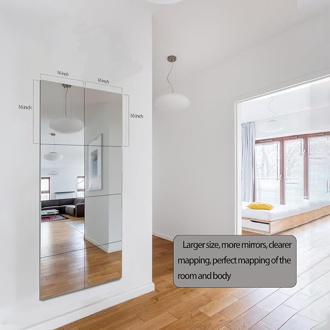 Unbreakable Full Length Wall Mirror,The Door Mirror,4Pack 15.8''x15.8'',Acrylic Kids Shatterproof Plexiglass Long Mirrors for Bedroom Closet,Children Non Glass Stick on Mirrors