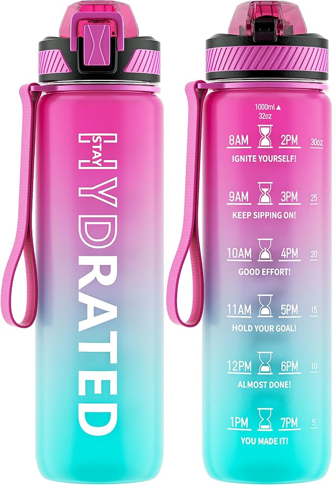 QLUR Water Bottle with Straw, 32oz Motivational Water Bottles with Time Marker to Drink, Tritan BPA Free, 1L Sports Water Bottle with Carry Strap LeakProof for Women Gym Fitness Outdoor (1 Pack)