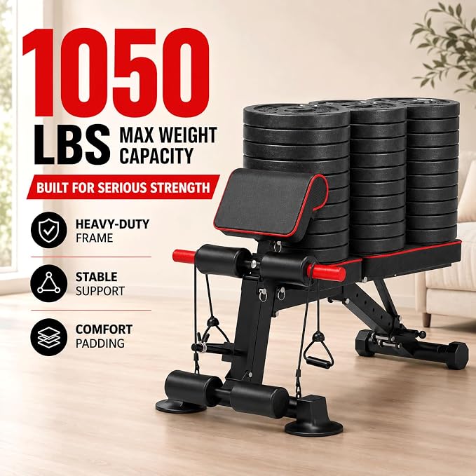 K KiNGKANG Adjustable Weight Bench for Home Gym Full Body Strength Training | Load 1050lbs|8+3 Angle Positions|High-Density Cushion|Commercial Steel Frame|Assembly Free | Foldable | Space Saving