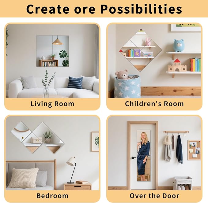 Unbreakable Kids Mirror Tiles for Wall Decor, 4 PCS 14 x 14 Inches Toddler Mirror Full Length, Stick on Classroom Small Plastic Baby Mirrors, Shatterproof Home Gym Acrylic Door Mirrors for Bedroom