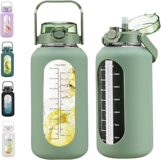 chunmo 74 oz Glass Water Bolttles with Straw Large Motivational Water Bottle with Time Marker Sports Water Bottles with Silicone Sleeve and Handle Lid 2.2L Water Jug for Gym Workout