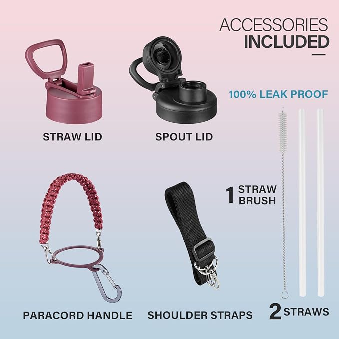 KXIAOCHEN Insulated Water Bottle with Strap, 48-Hour Cold, 2 Lids | Triple-wall insulation, lead-free 18/8 Stainless steel, paracord handle, carabiner clip, for gym, hiking, camping and travel