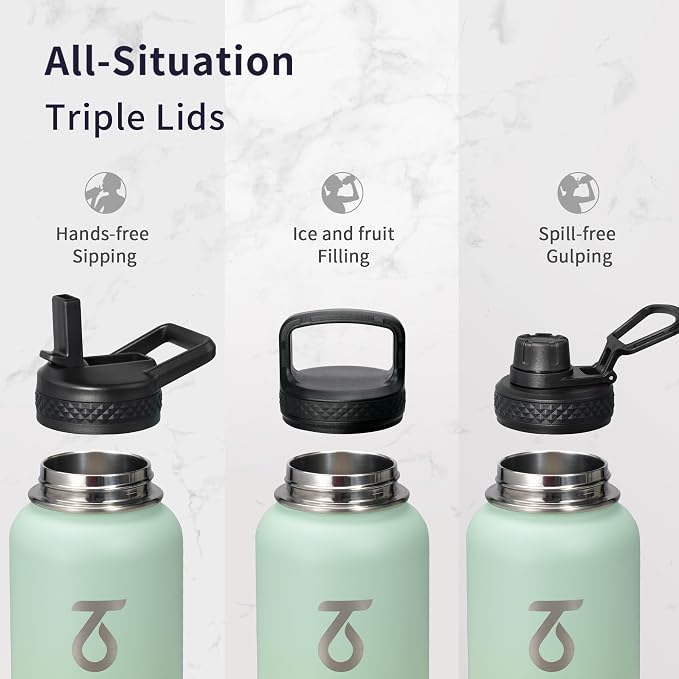 Trebo Insulated Water Bottle 32 oz with 3 Lids, Paracord Handle & Sleeve | Stainless Steel Metal Flask Vacuum, Triple Wall Copper Plated, Dishwasher Safe, Cold 48Hrs for Trail, Hiking, Wide Mouth