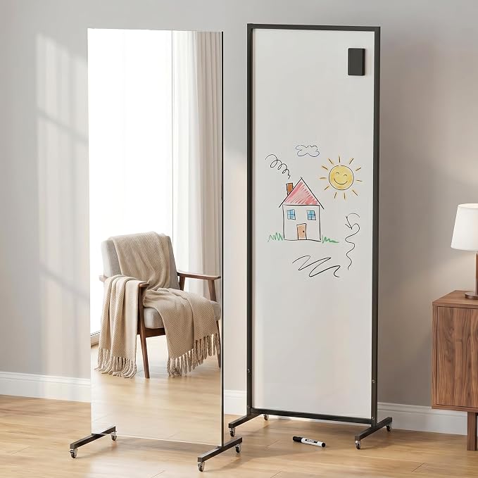 68"x24" Rolling Full Length Mirror & Magnetic Whiteboard, 2-in-1 Reversible Standing Mirror with Shatterproof Tempered Glass, Space-Saving Dry Erase Board on Wheels for Home Office & Bedroom