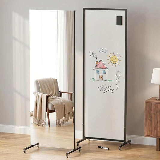 68"x24" Rolling Full Length Mirror & Magnetic Whiteboard, 2-in-1 Reversible Standing Mirror with Shatterproof Tempered Glass, Space-Saving Dry Erase Board on Wheels for Home Office & Bedroom