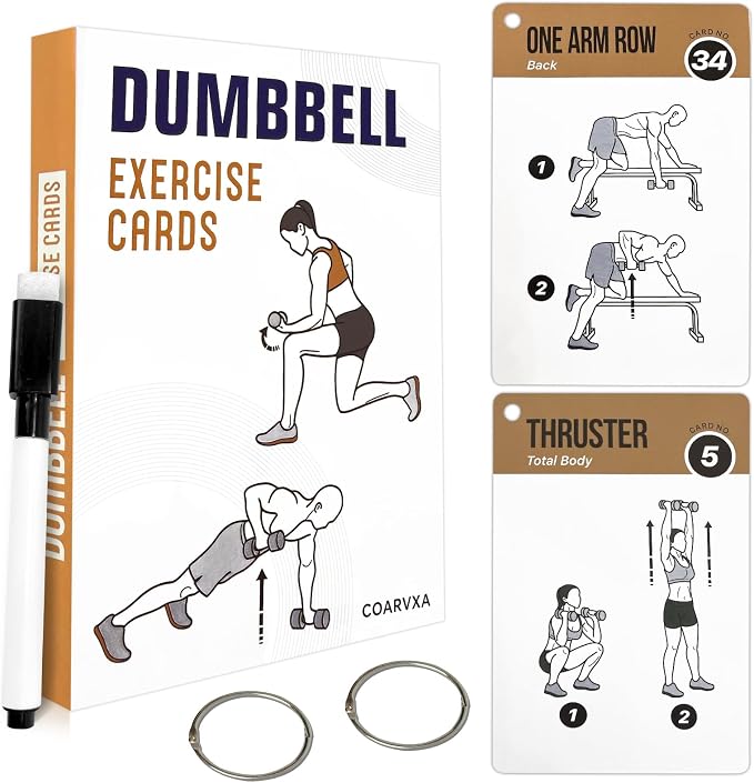 Dumbbell Cards for Women & Men-50 Dumbbell Workout Cards，Includes 2 Rings& Dry-Erase for Easy Organization-Home, Gym or Studio (Dumbbell)