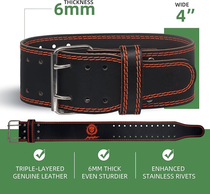 Weight lifting Belt (6mm Thick) - Genuine leather, offering back support. Double-pronged buckle, ideal for weightlifting, powerlifting, squats and deadlifts