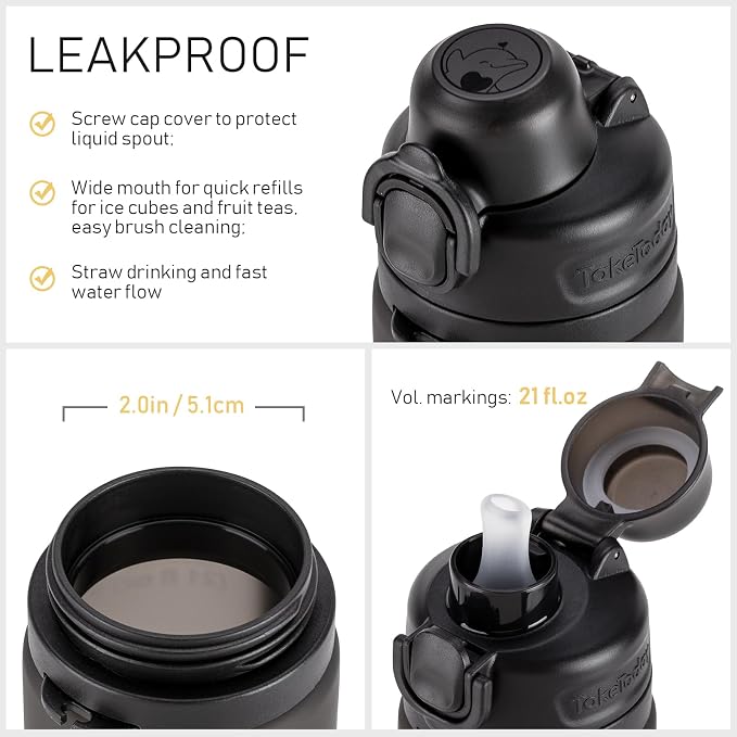 TakeToday Collapsible Water Bottles 21oz (600mL), Foldable Platinum Silicone Travel Water Bottle with Straw & Carry Strap, Leak-Resistant Screw Lid, Wide Mouth, BPA-Free for Hiking, Camping, Travel