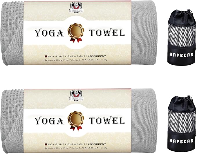 HAPBEAR 2 Pack Non Slip Yoga Mat Towel with Grip Dots, 72" x 24" Hot Yoga Towel - Super Absorbent Microfiber Yoga Towel for Hot Yoga, Bikram, Pilates and Gym Workout - Grey