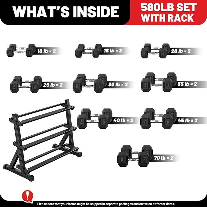 PAPABABE Dumbbell Set with Rack, 540-850lb, Rubber Encased, Home Gym | Complete & Durable Cast Iron Core Odorless PVC Antiroll Hex Shape Ergonomic Chrome Handle Versatile Home Gym