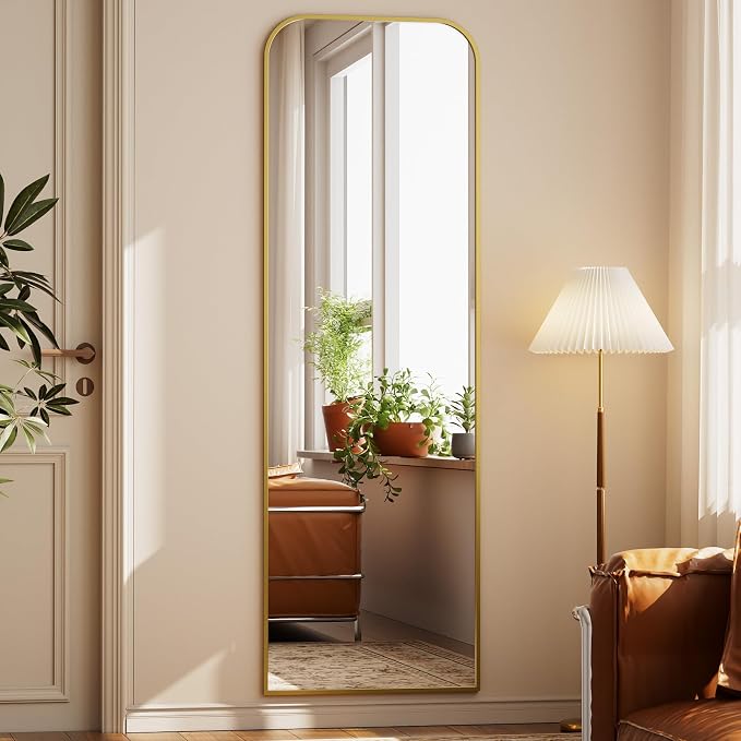 Full Length Mirror 56"x21" Arched Floor Standing Large Mirrors | Full Body Mirror with Stand - with Aluminum Frame for Bedroom Living Room, Gold