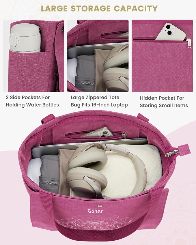 Gonex Yoga Mat Bag For Women Canvas Tote Pilates Gym Bag With Mat Carrier | Front-Opening Quick Access Mat Straps, Durable Cotton Canvas, Machine Washable, Bottle Holder Multi Pockets, Yoga Gym Travel
