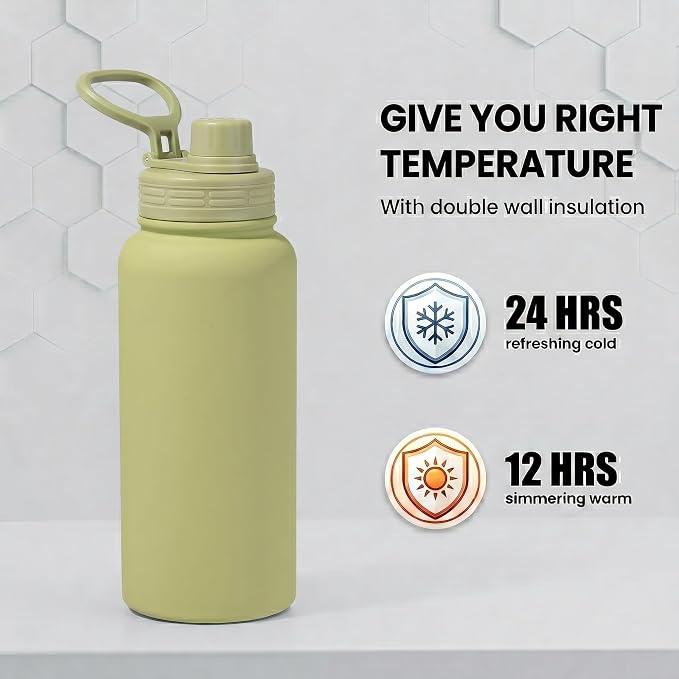 Green Insulated 32 oz Metal Leakproof Water Bottle | Mens Stainless Steel Water Flask, Large Sports Travel Water Bottle for Gym,Hiking,1 liters Thermal Bottle with 2 Lids