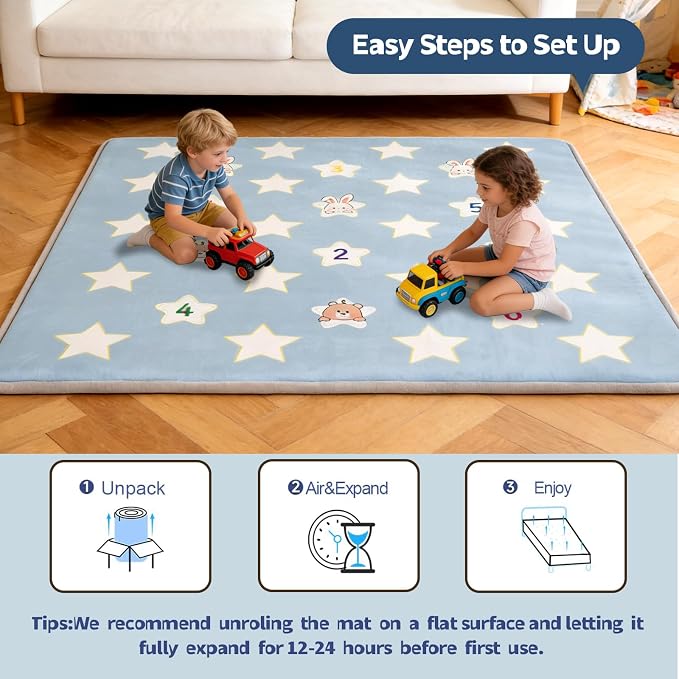 Baby Play Mat for Floor, 71'' x 59'' Thicken Foam Soft Padded Playmat for Tummy Time, Playpen Mat for Toddlers Infant Kids, Water-Repellent Coral Velvet, Non-Slip Bottom Safe for Crawling (Star)
