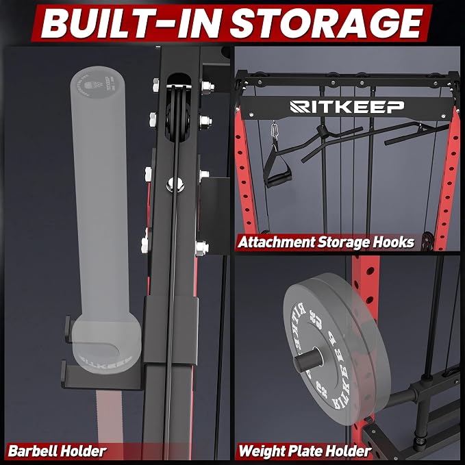 RitKeep Power Rack M10 with Pulley System & LAT Pull Down for Home Gym | Multi-Function Squat Rack with 1500LB Capacity, Pull-Up Bar & J-Hooks plus 11 Attachments for Strength Training