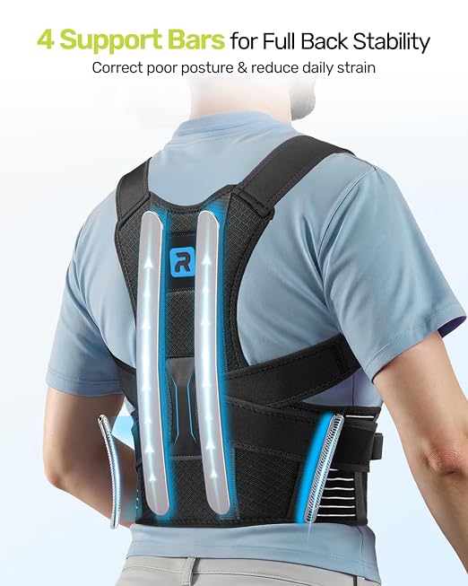 Rakiie Posture Corrector for Women Men, 4 Back Support Brace Bars, Adjustable Shoulder Straightener with Cushioned Pads for Hunchback, Round Shoulders, Back Pain Relief, Blue S