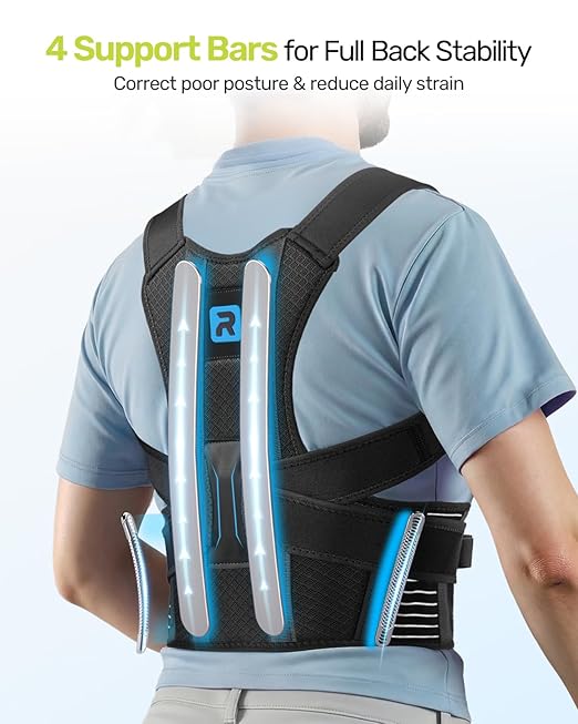 Rakiie Posture Corrector for Women Men, 4 Back Support Brace Bars, Adjustable Shoulder Straightener with Cushioned Pads for Hunchback, Round Shoulders, Back Pain Relief, Blue L