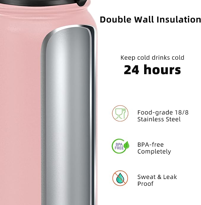 Fanhaw 20 oz Insulated Stainless Steel Water Bottle with Anti-Dust Chug Lid & Carabiner Lid, Leakproof Vacuum Metal Bottle for Kids, Teens & Adults, Back to School Essentials (Pink)