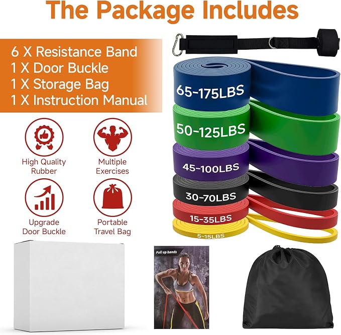 Pull Up Assistance Bands, Heavy Duty Exercise Bands for Working Out | Resistance Bands Set 5-175LBS for Pull Ups,Training & Physical Therapy. Workout Bands for Full Body Stretch & Muscle Recovery