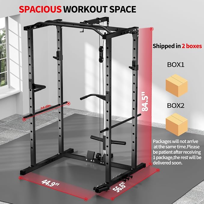 JEEKEE Power Rack with LAT Pulldown, 2000LBS Power Cage with Cable System, Multi-Function Squat Rack with J-Hooks, Safety Bars, Landmine, Pull Up Bar & Attachments for Home Gym Strength Training,Black