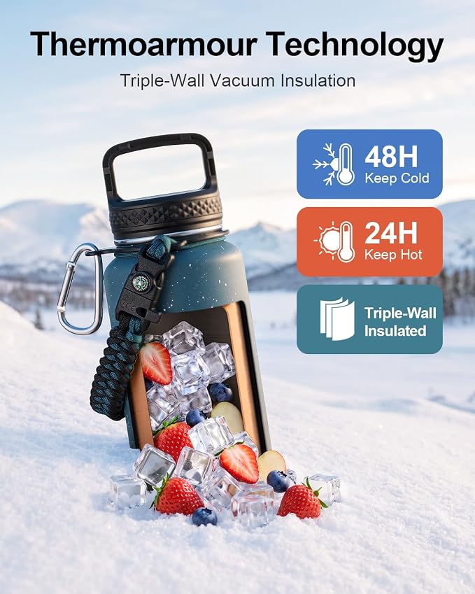 Trebo Water Bottle Insulated 40 oz with 3 Lids, Paracord Handle & Sleeve | Stainless Steel Flask Vacuum, Triple Wall Copper Plated, Dishwasher Safe, Keeps Cold 48Hrs for Hiking, Gym, Wide Mouth