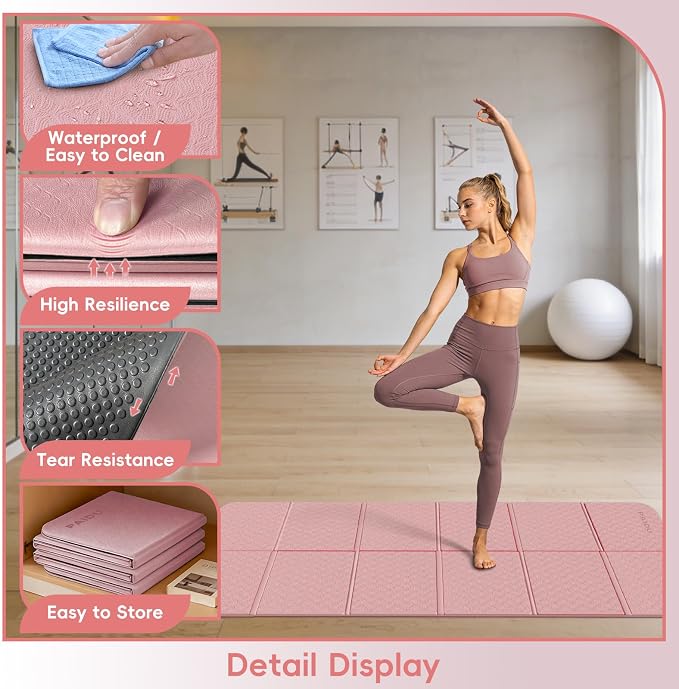 PAIDU Foldable Yoga Mat, 70"x24"x0.31" TPE Non-Slip Mat with Bag | Double‑sided non‑slip, 8mm thick TPE, foldable for travel, ideal for yoga/pilates/fitness/home/outdoor workouts