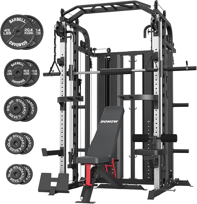 DONOW Smith Machine with Weight Stacks Home Gym System Cable Crossover | Multi Function, All in One, Heavy Duty, Lat Pulldown Bench, Hip Thrust Attachment, Smooth Smith Bar and Cable System