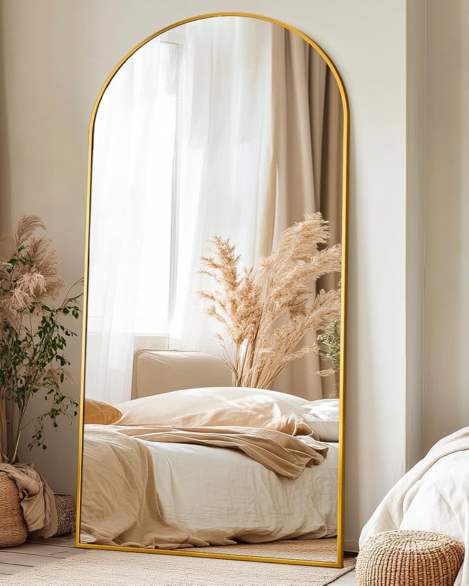 Suidia 76"x34" Arched Full Length Mirror with Stand, Full Body Mirror with Aluminum Frame, Freestanding/Leaning/Wall-Mounted, Floor Mirrors for Bedroom, Living Room, Entryway, Dressing Room, Gold