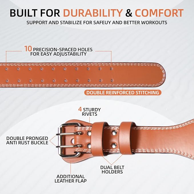 Leather Weight Lifting Belt, 4”& 6”Padded Lumbar Back Support, 10 Adjustable Holes, Gym Weight Belt Ideal for Deadlift, Powerlifting, Bodybuilding and Squat
