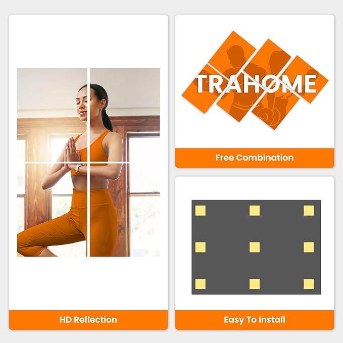 TRAHOME Wall Mirror Tiles, 16"x12"x4PCS Full Length Home Gym Mirror | HD Tempered Glass, Frameless Workout Mirror for Garage, Bedroom, Living Room, Over The Door