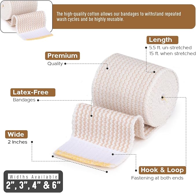 Premium Elastic Bandage Wrap (2” Wide, 4 Pack) - Nexskin Latex Free Athletic/Medical Compression Bandages Hook & Loop Fasteners at Both Ends - Lifetime Washable & Reusable Bandages