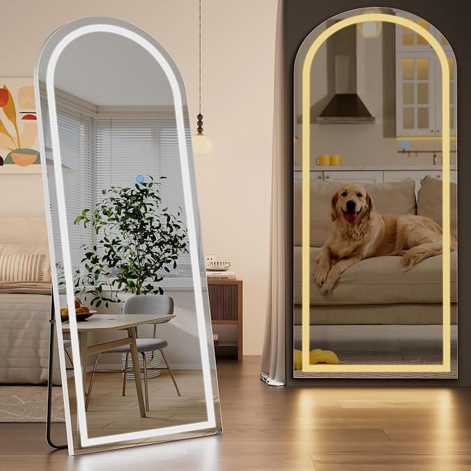 Koonmi LED Full Length Mirror, 71"x32" Full Length Mirror with Lights, Lighted Floor Mirrors with Stand, Full Body Mirrors with Dimming & 3 Color Lightingfor Living Room Cloakroom, White