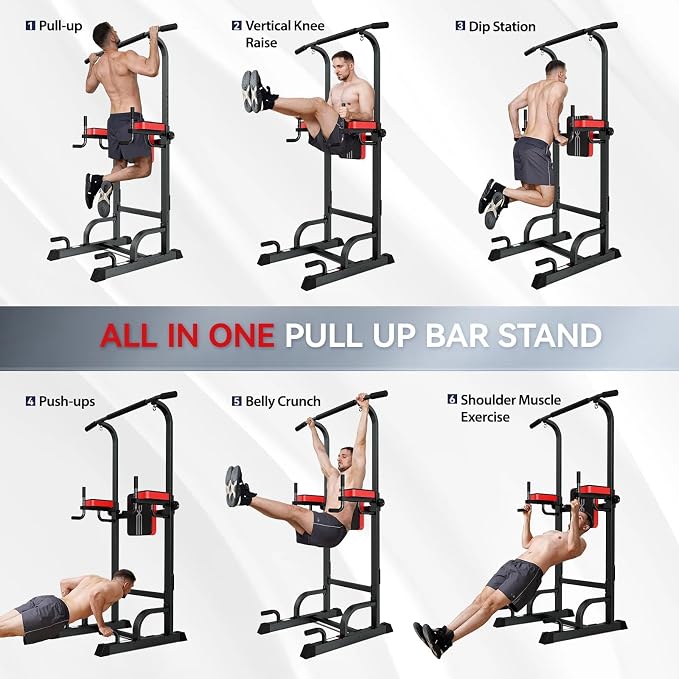 Pull Up Bar Power Tower Dip Station, 450LB Adjustable Home Gym Equipment | 11-height adjustment supports pull ups, dips, knee raises, push ups and versatile full-body strength training