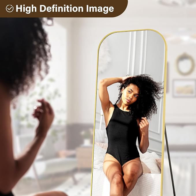 XRAMFY Full Length Mirror, 71"x28" Floor Mirror Freestanding, Arched Floor Standing Large Mirror Full Body Mirrors with Stand for Bedroom, Hanging Mounted Mirrors for Living Room,Gold