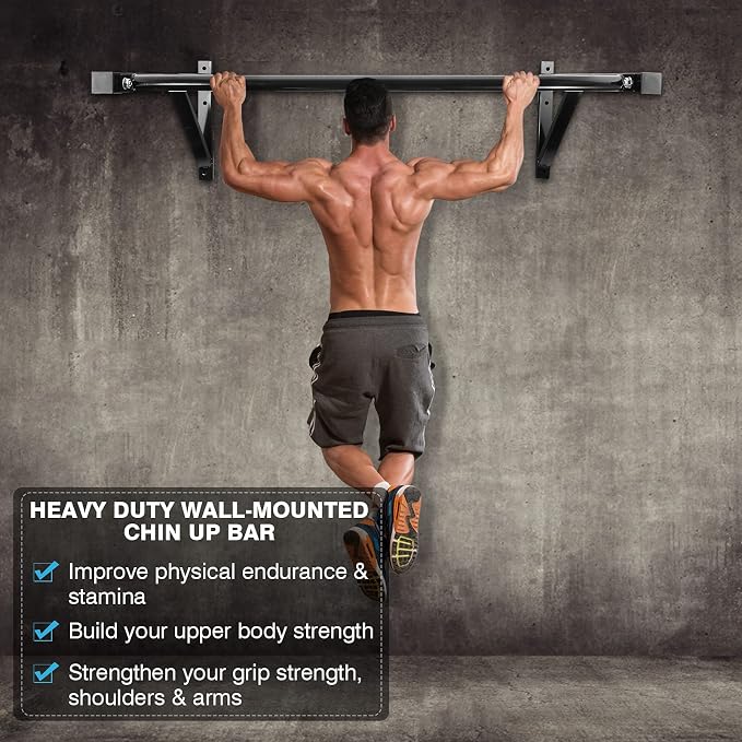IRONWALLS Wall Mounted Pull Up Bar Heavy Duty, 500LBS Capacity | Wall Mount Chin Up Bar for Strength Training, Home Gym, Steel Upper Body Workout Equipment for Indoor Outdoor