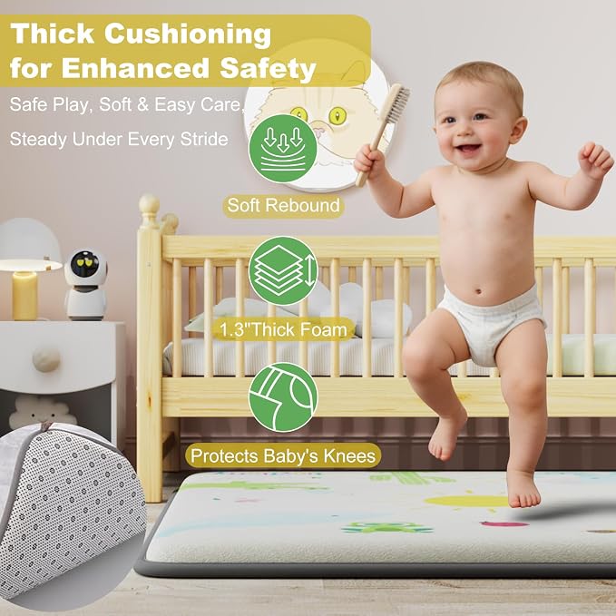 Baby Play Mat for Floor, 1.3" Thick Elasti-Foam Baby Play Mat, 71x59 Playpen Mat for Toddlers Infant kids, Water Repellent Soft Coral Velvet Crawling Mat for Floor, Non-Slip Backing Safe Jungle Safari