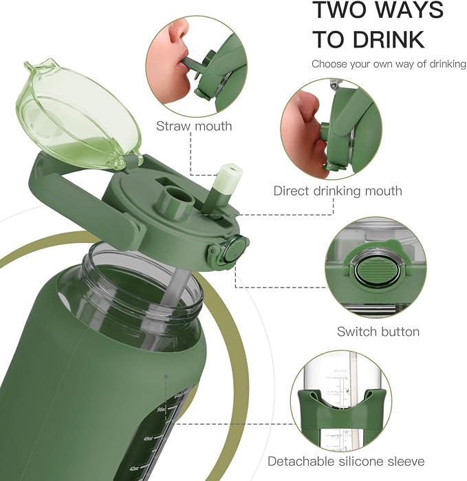 chunmo 64oz Glass Water Bolttles with Straw Half Gallon Large Motivational Water Bottle with Time Marker Sports Water Bottles with Silicone Sleeve and Handle Lid Water Jug for Gym Workout