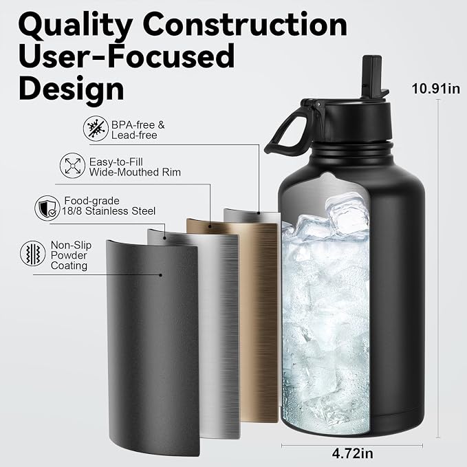 KXIAOCHEN Insulated Water Bottle with Strap, 48-Hour Cold, 2 Lids | Triple-wall insulation, lead-free 18/8 Stainless steel, paracord handle, carabiner clip, for gym, hiking, camping and travel