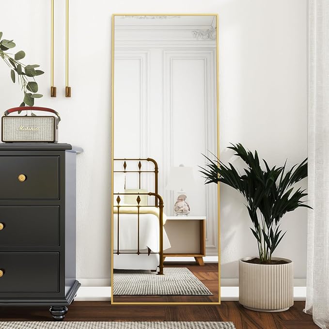 VooBang Mirror Full Length, 18" x 58" Floor Mirror with Stand | Aluminum Alloy Frame Full Body Mirror, Standing Hanging or Leaning Against Wall for Bedroom and Living Room, Gold
