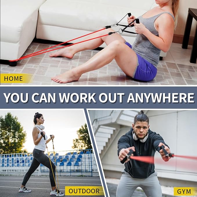 WHATAFIT Resistance Bands with Handles, 5-Level Exercise Bands for Workout | Natural latex,10-50 lbs, stackable to 150,Ankle Straps, Door Anchor,Guide. For Strength, Yoga,Home Gym,Travel & Workout.
