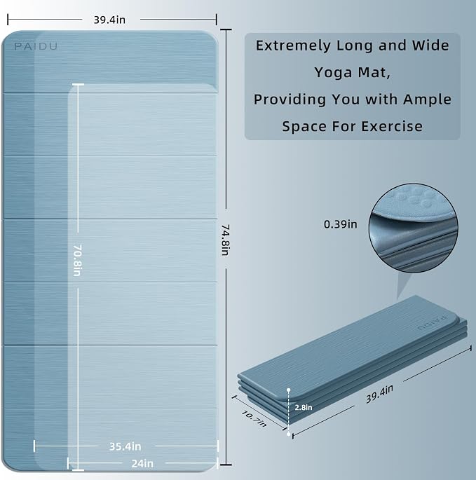 PAIDU Foldable Yoga Mat (10MM) 75‘’x40‘“ Quick Fold，Easy Storage | TPE Non-Slip Design, Ea Extra Long/Wide for Indoor Yoga, Pilates and Outdoor Travel Workouts